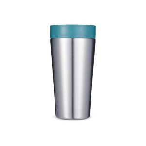 Green and steel reusable coffee mug