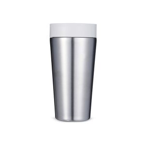 White and steel reusable coffee cup