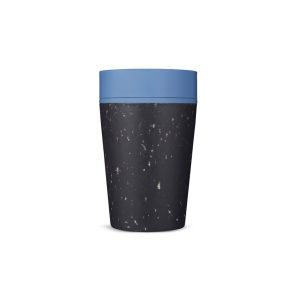 Blue lid coffee cup on white background