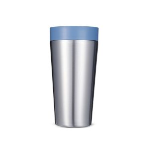Blue and steel coloured reusable coffee cup