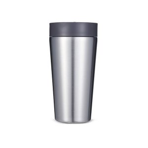 Grey and steel coloured reusable coffee cup