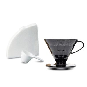 Black pour over coffee maker with filter papers