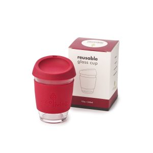 Red reusable coffee cups with its box
